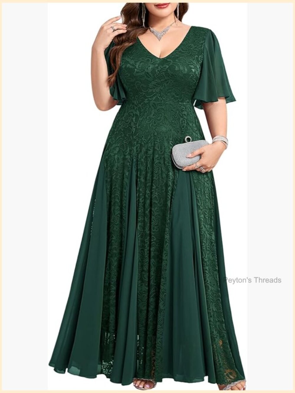 Plus Size Formal Lace Maxi Dress V-Neck A-Line Chiffon Wedding Guest Prom
